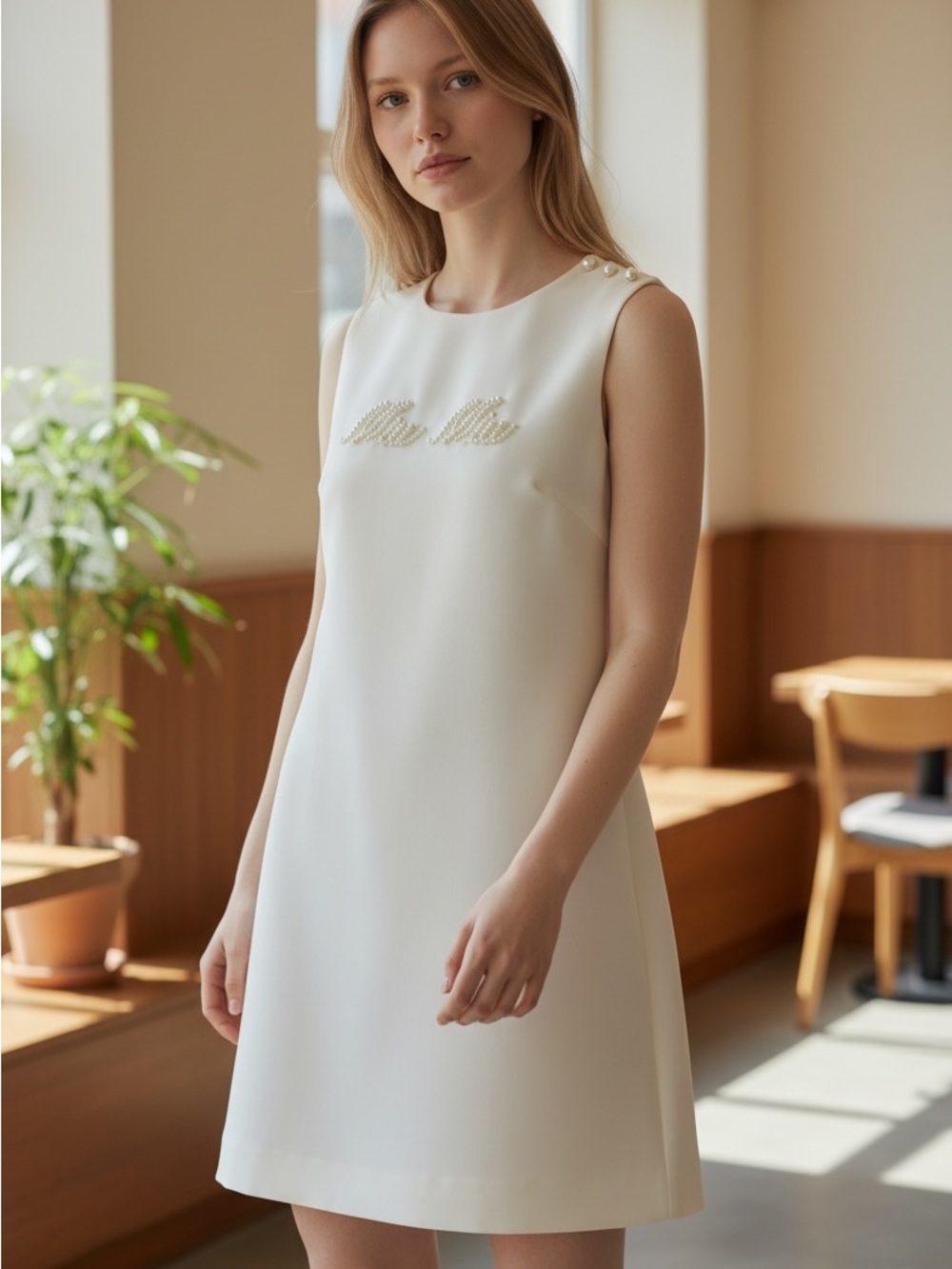 Sleeveless Cream Pearl-Accent Shift Dress